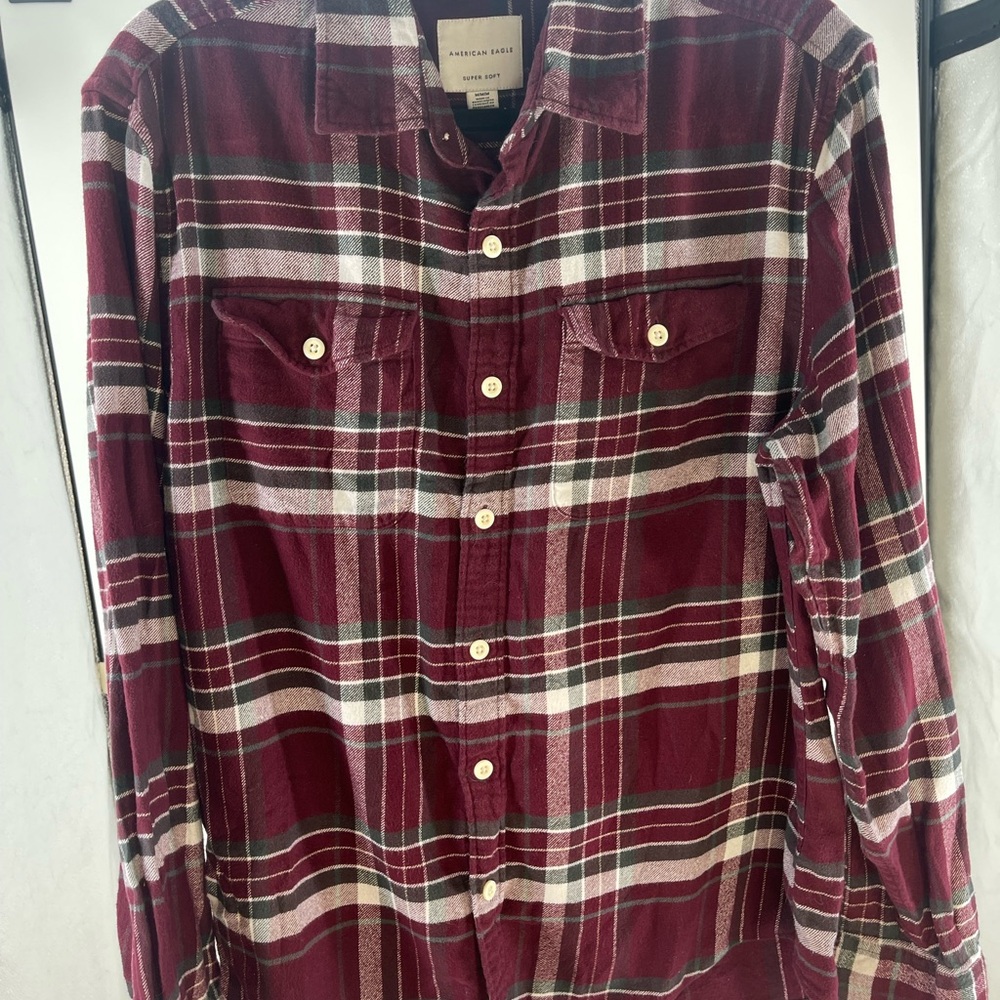 American Eagle Outfitters Men's Plaid Shirt - Maroon, Black, & White